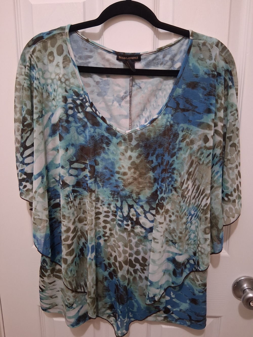 Susan Lawrence Blue Green Animal-Print Flutter Sleeve Top